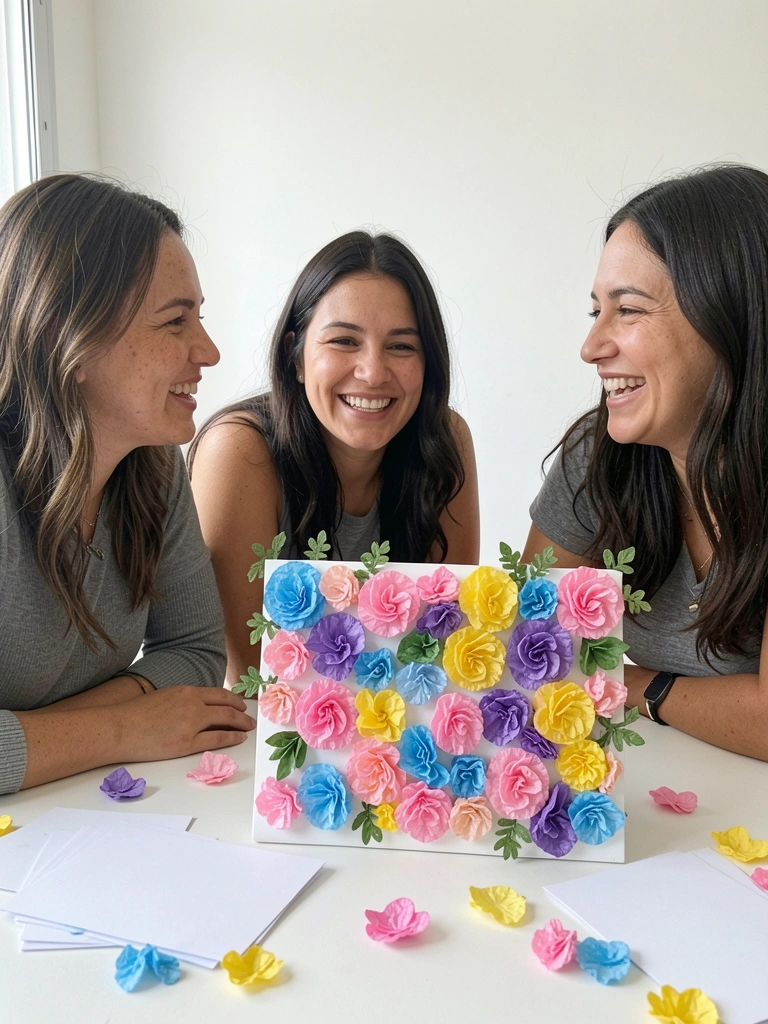 Mulheres sentadas à mesa com arranjos de flores e cartões, em conversa descontraída.