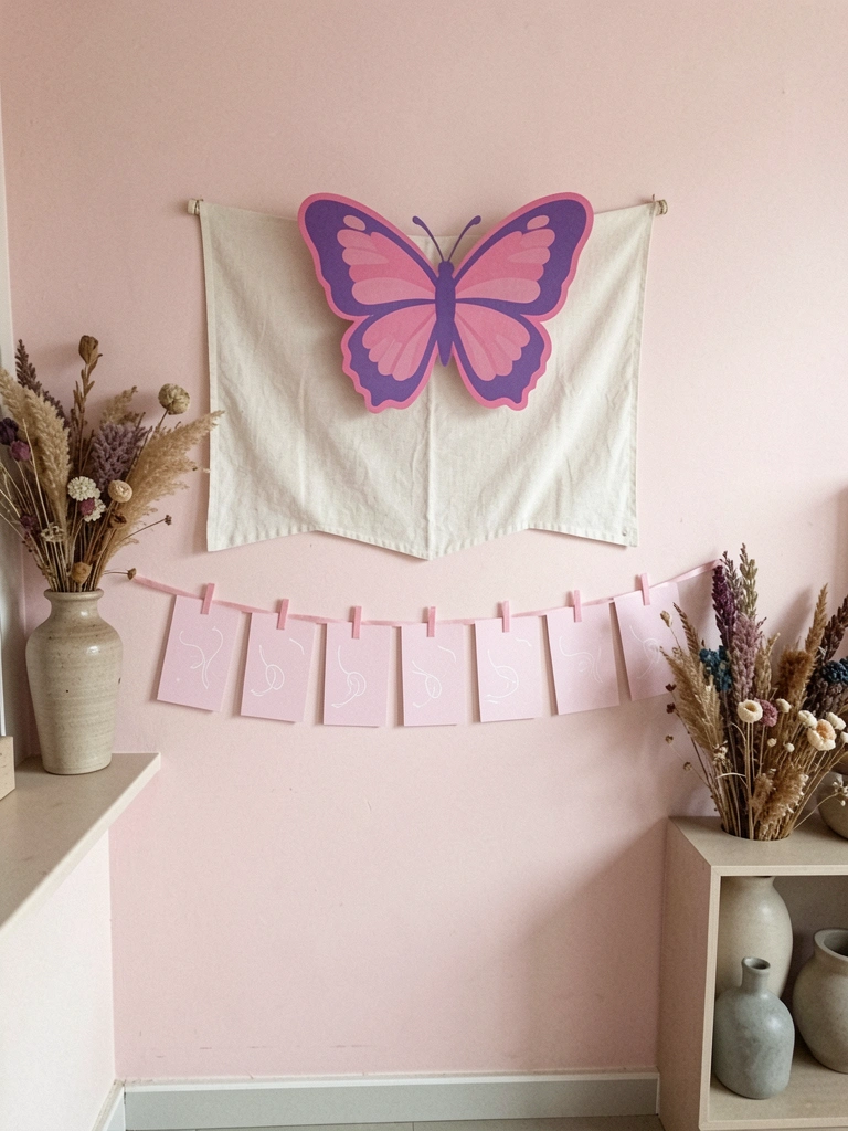 Flores secas em vasos de cerâmica sobre painel neutro com tipografia discreta ao fundo