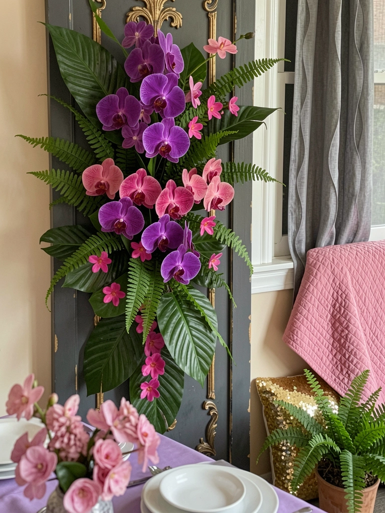 Mesa posta com toalha lilás, arranjo de flores rosadas e pratos brancos sobre superfície clara.