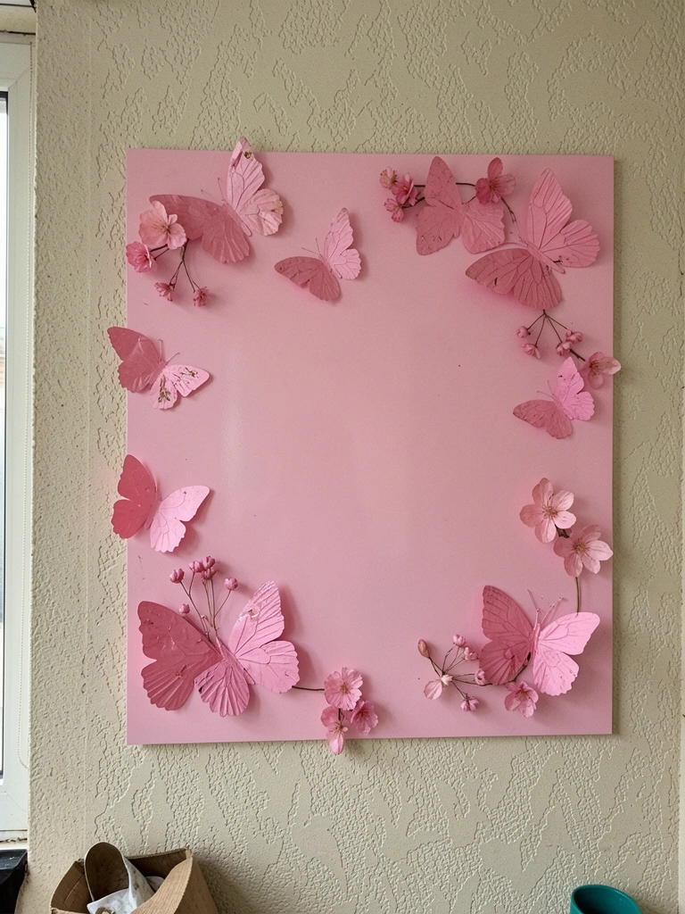Painel de parede com flores secas prensadas e frase em letras pretas, sob luz natural.