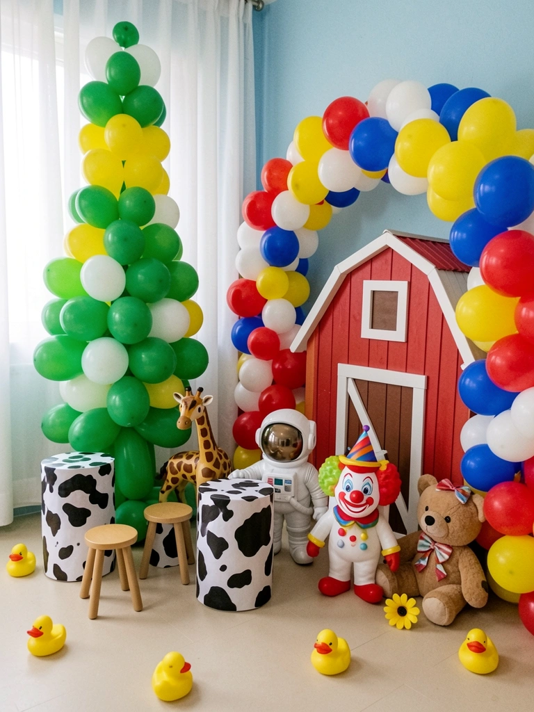 Colagem com astronauta, ursinho, elementos de circo e safari sobre fundo colorido.