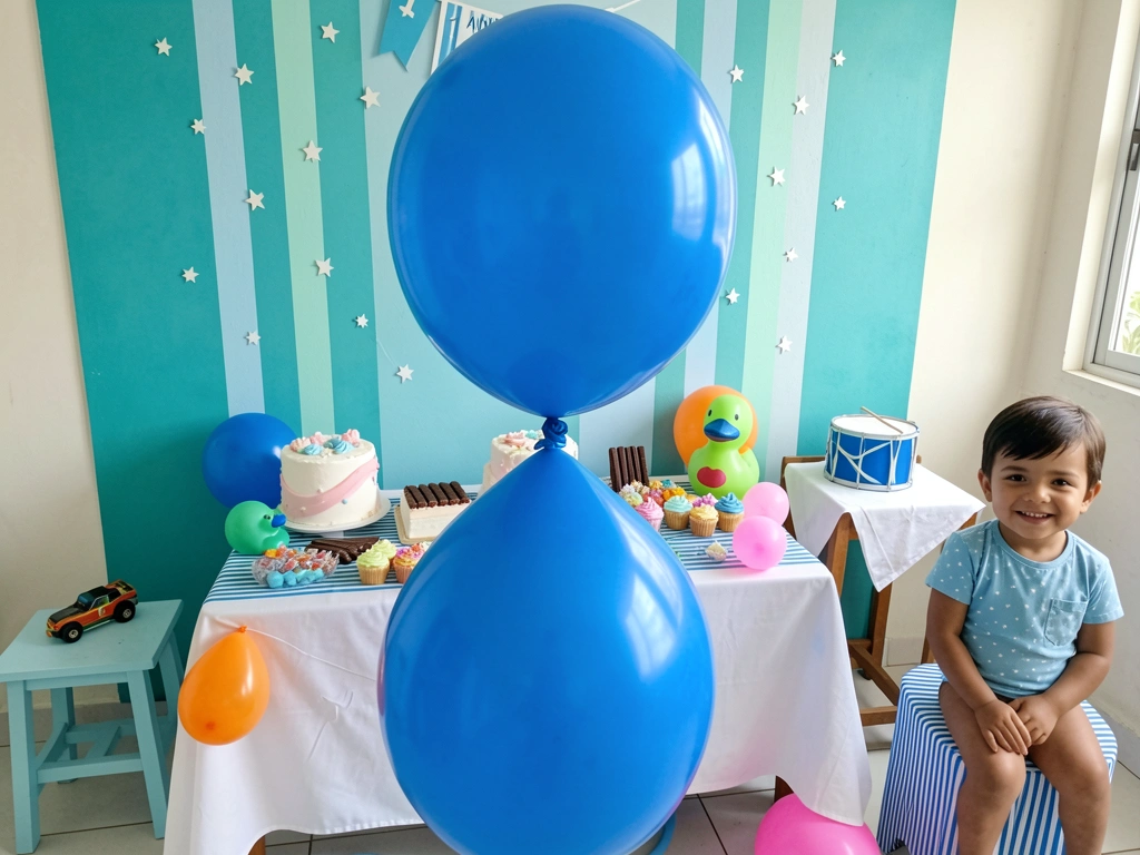 Painel decorativo azul com nuvens, mesa com bolo de aniversário e lembrancinhas em formato de carrinho.