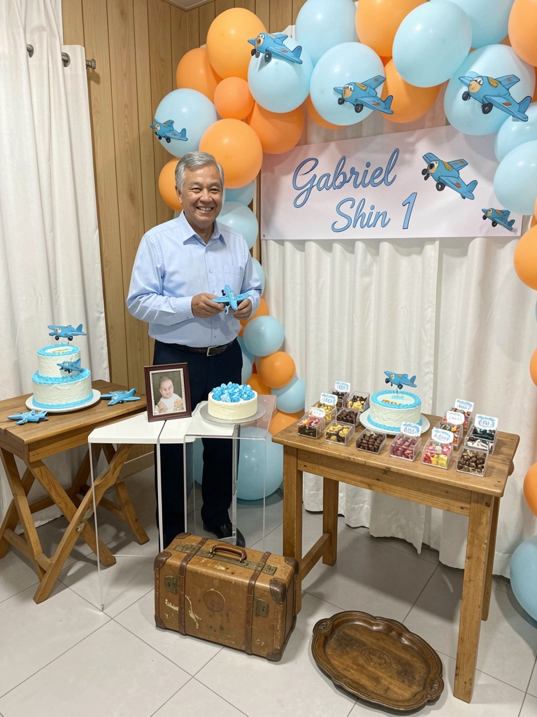 Mesa pequena com bolo decorado, doces e toppers personalizados em festa infantil.
