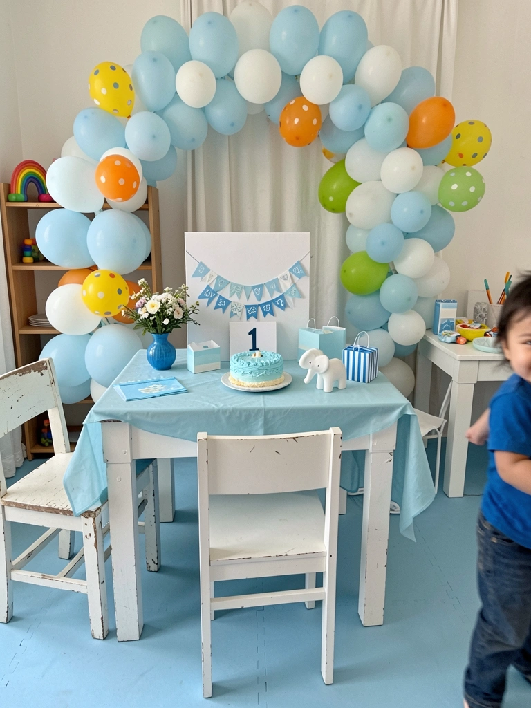 Mesa de aniversário infantil com bolo decorado, balões azuis e enfeites de papel.