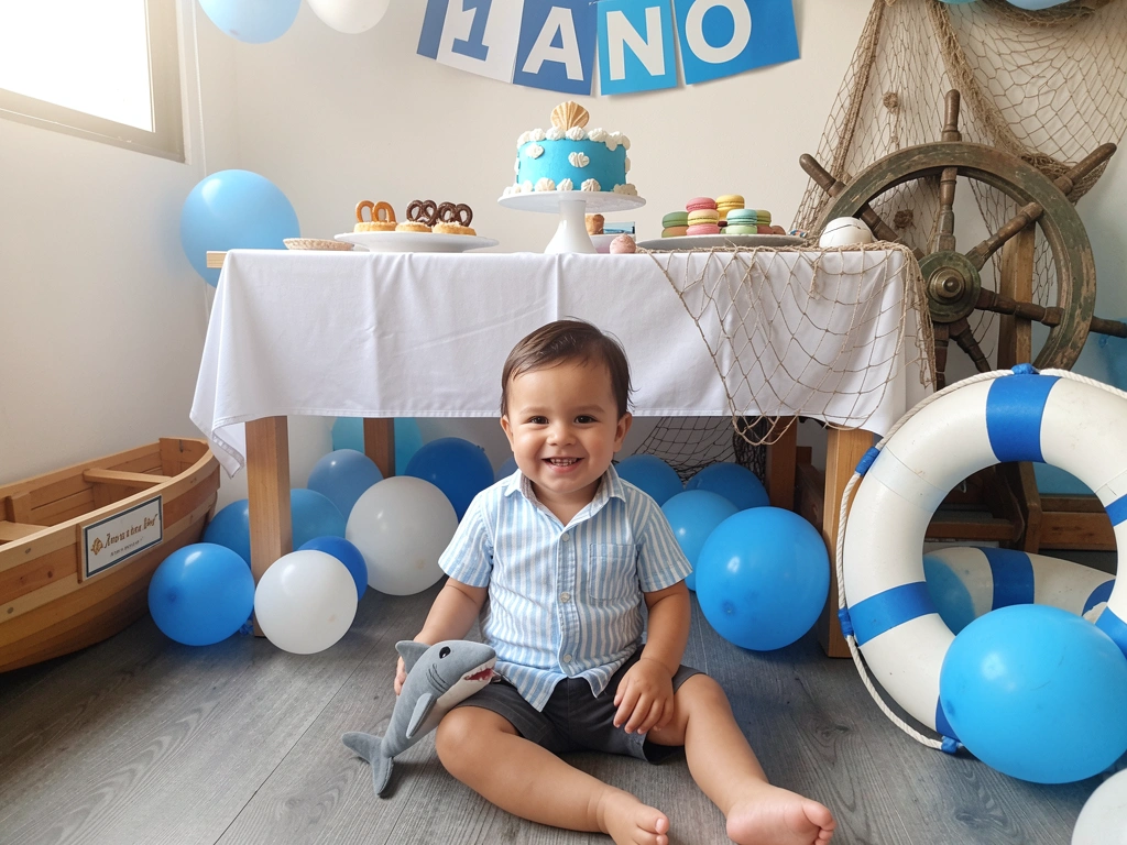 Sala de estar com balões coloridos e mesa posta com pratos e talheres para festa infantil.