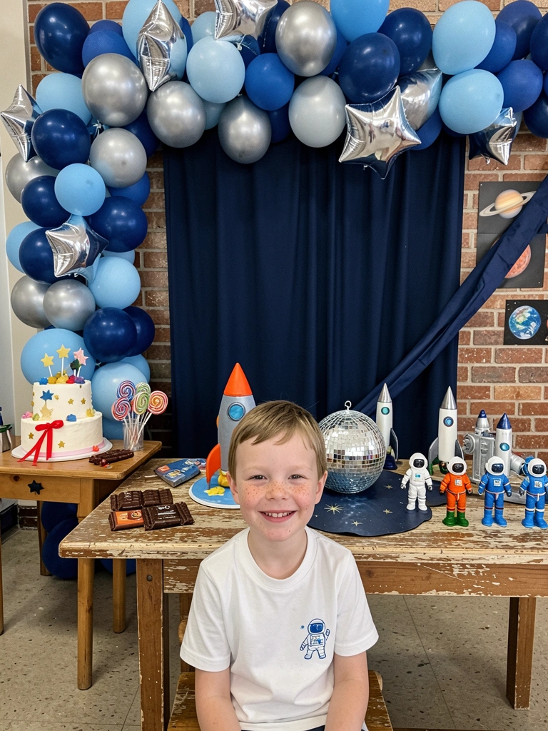 Salão de festas decorado com tema espacial, balões azuis e prateados, parede com adesivos de astronauta e planetas, mesa com bolo e doces