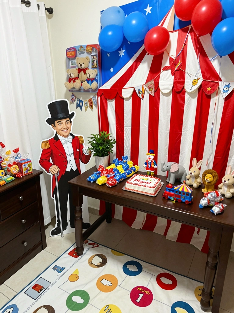 Quarto de bebê com kit de decoração de ursinho e tapete mensário sobre o berço.