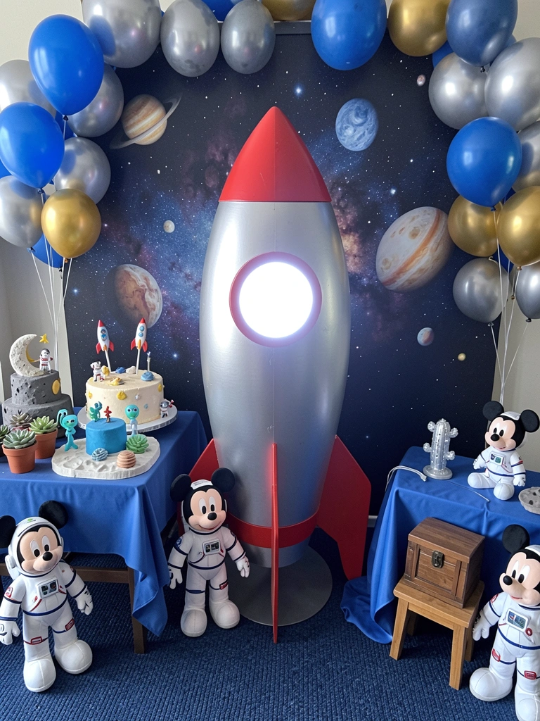 Festa infantil com tema espacial, foguete de papelão decorado e letreiro LED com número 1.