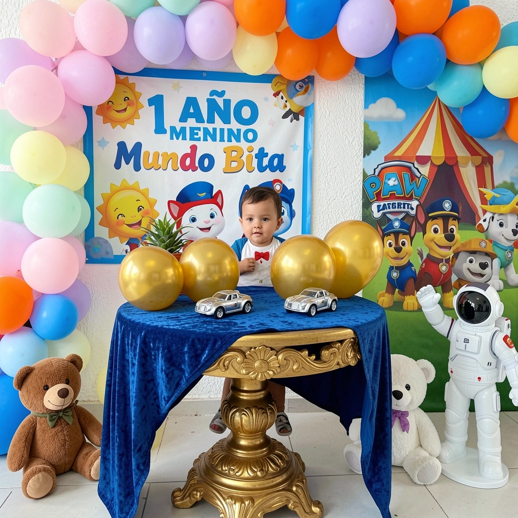 Tenda listrada em tons pastel com balões coloridos ao redor, criando um cenário de circo.