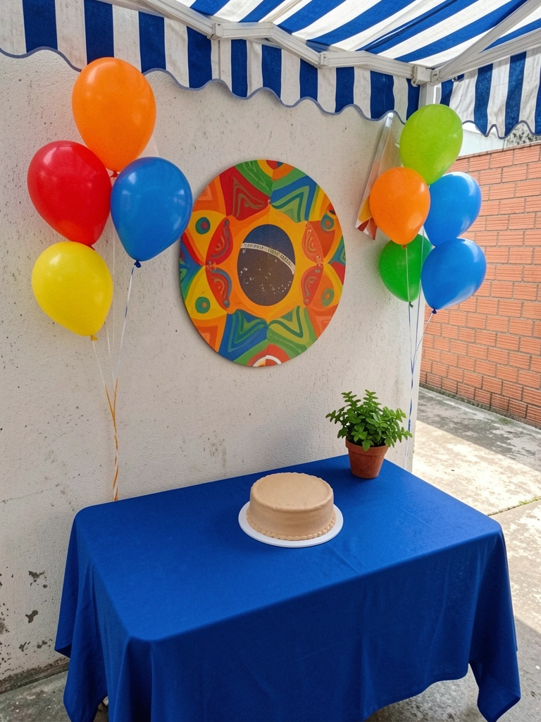 Mesa com bolo falso, balões coloridos e painel redondo ao fundo.