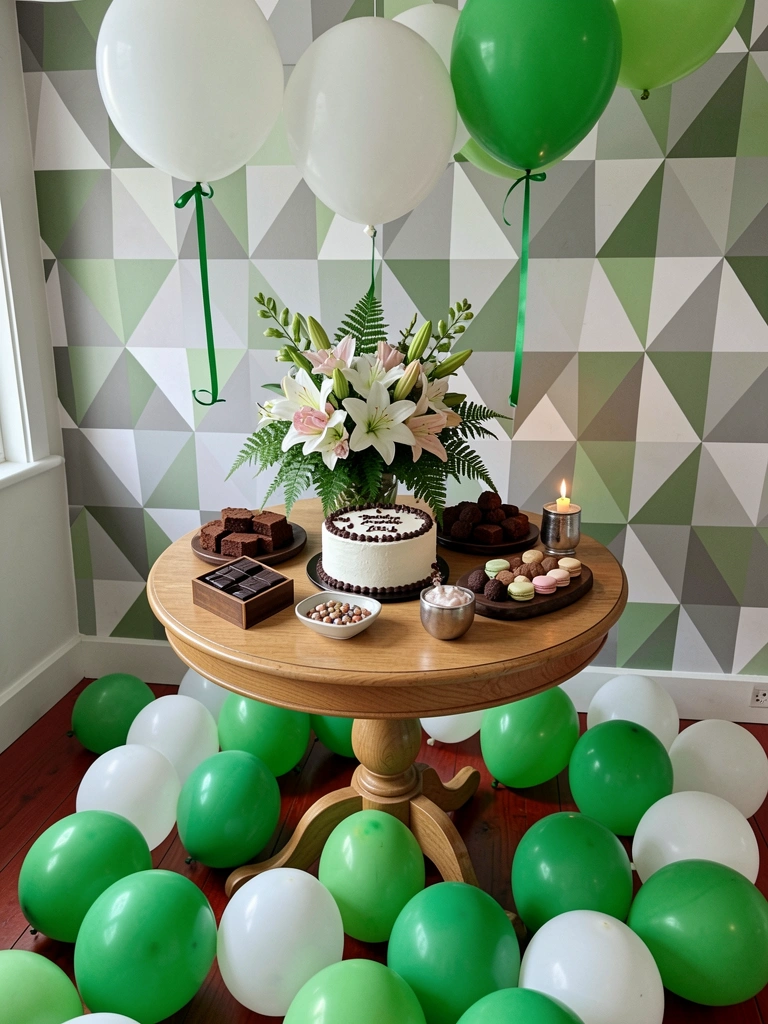 Parede pintada de verde oliva com uma poltrona de madeira e almofada crua ao lado de uma planta em vaso de cerâmica.