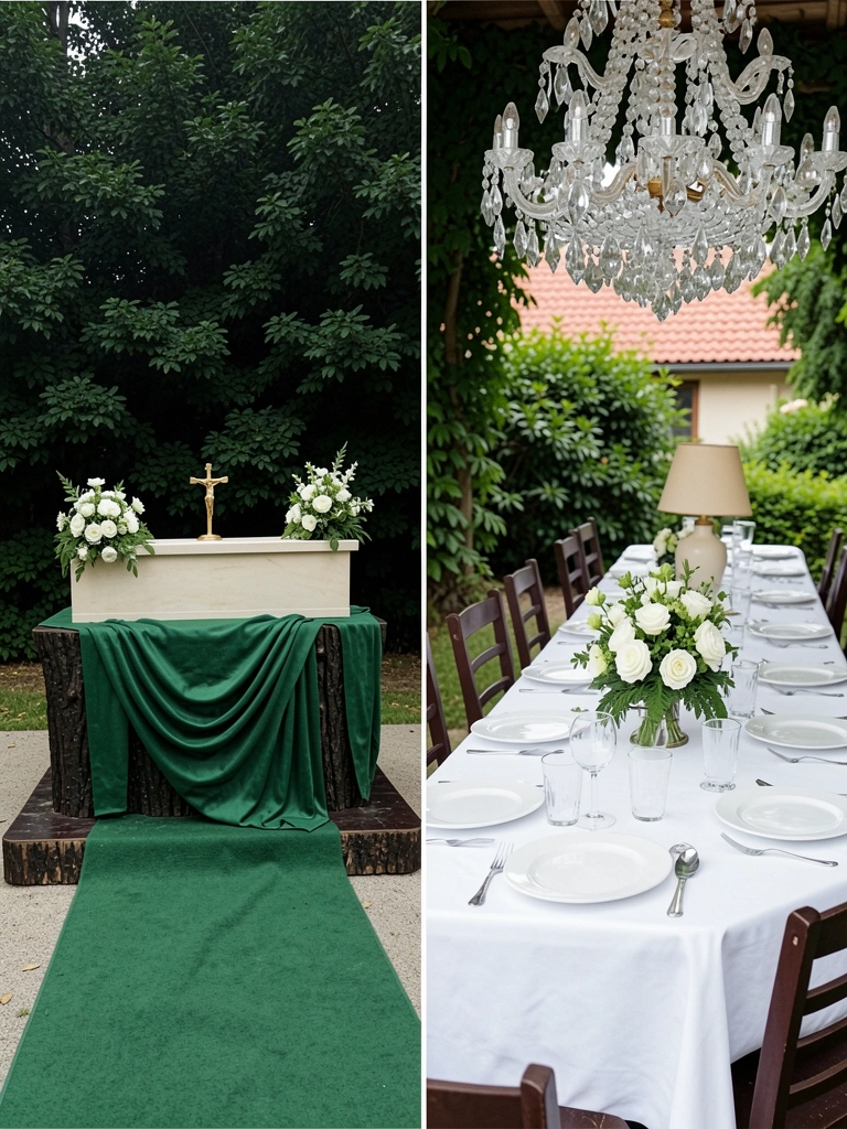 Sala de jantar com parede verde oliva, mesa de madeira escura e cadeiras de palha sob luz natural.
