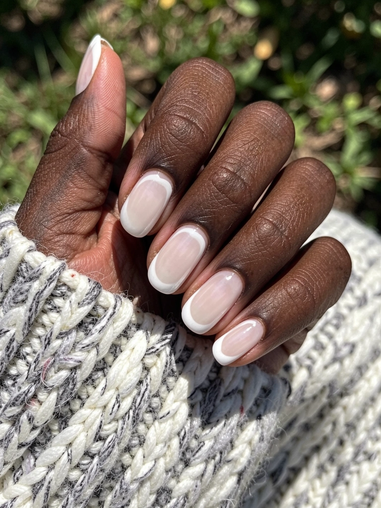 Unhas com esmalte branco translúcido e acabamento brilhante.