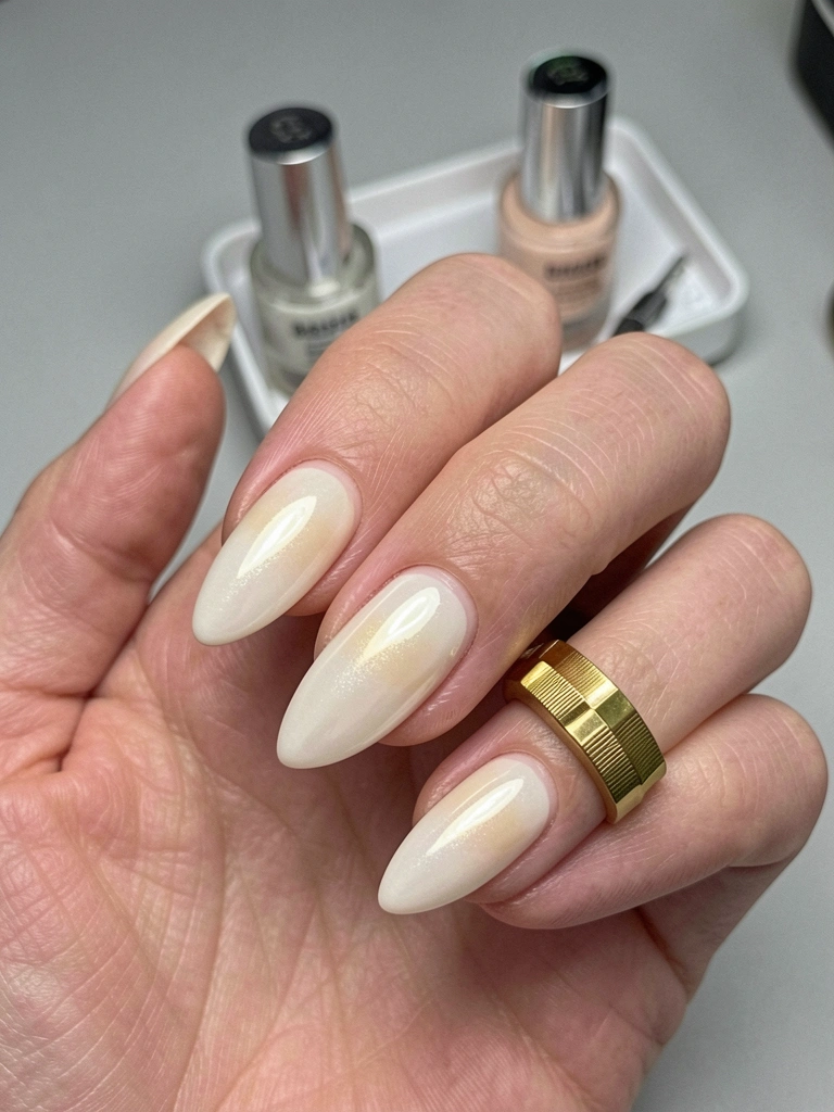Kit de manicure com frascos de base e top coat sobre superfície clara.