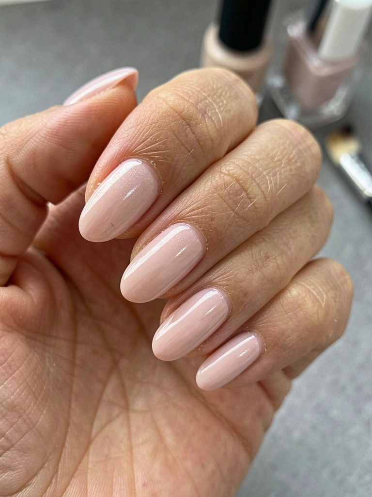 Mãos aplicando base transparente em unhas curtas sobre fundo neutro.