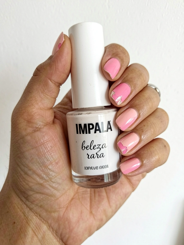 Mãos femininas com esmalte descamando sobre fundo branco.