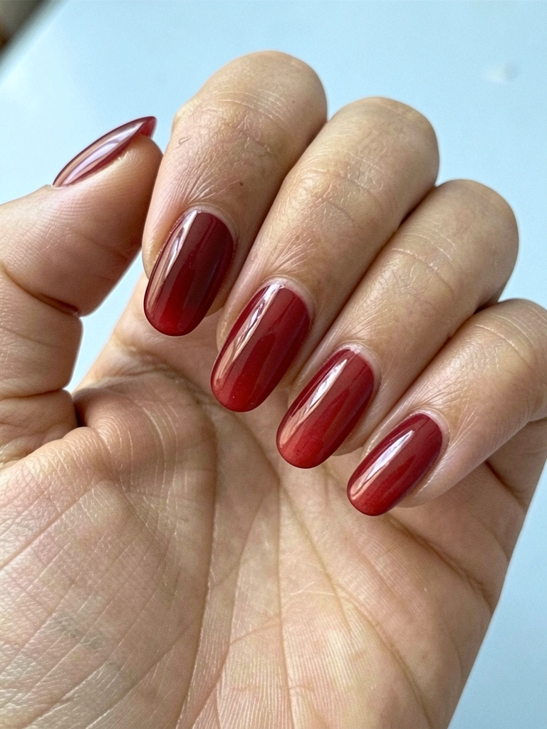 Mãos femininas com unhas pintadas, algumas com esmalte gel brilhante e outras com esmalte comum fosco, sobre fundo neutro.