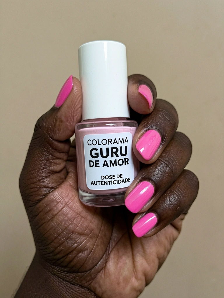 Perguntas escritas em letras cursivas sobre fundo rosa, com unhas decoradas em tons pastel ao lado.