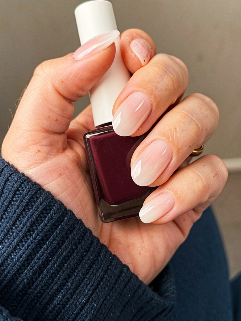 Mãos com unhas soap nails, formato arredondado e acabamento translúcido que lembra sabão.