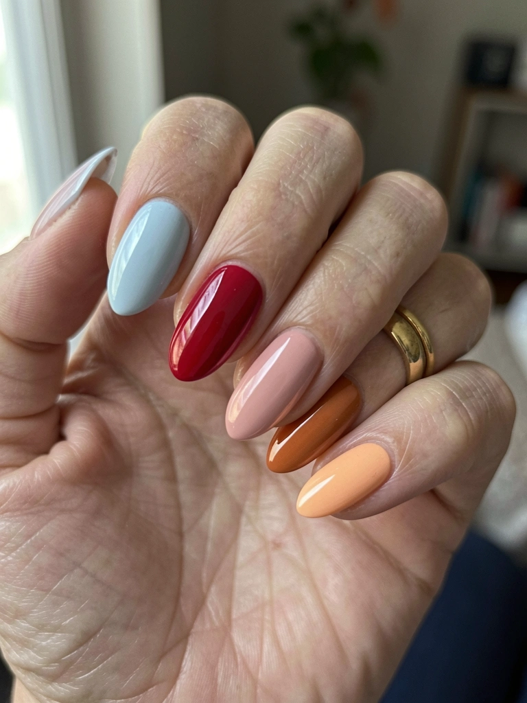 Mãos femininas com unhas pintadas em esmalte rosa claro com acabamento glazed, sob luz natural.
