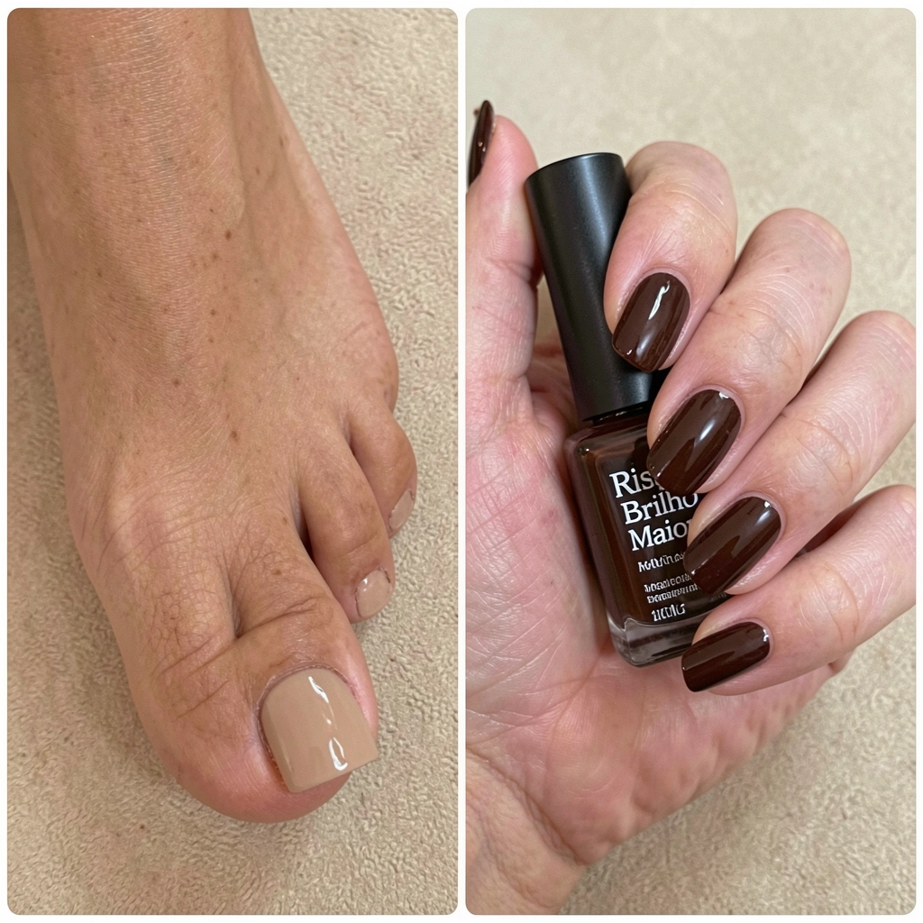 Mãos femininas com unhas pintadas de bege e marrom escuro, sobre uma mesa de madeira.