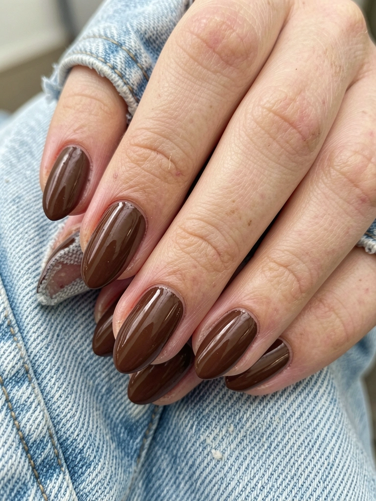 Mãos femininas com unhas pintadas de esmalte marrom chocolate, sobre fundo neutro.