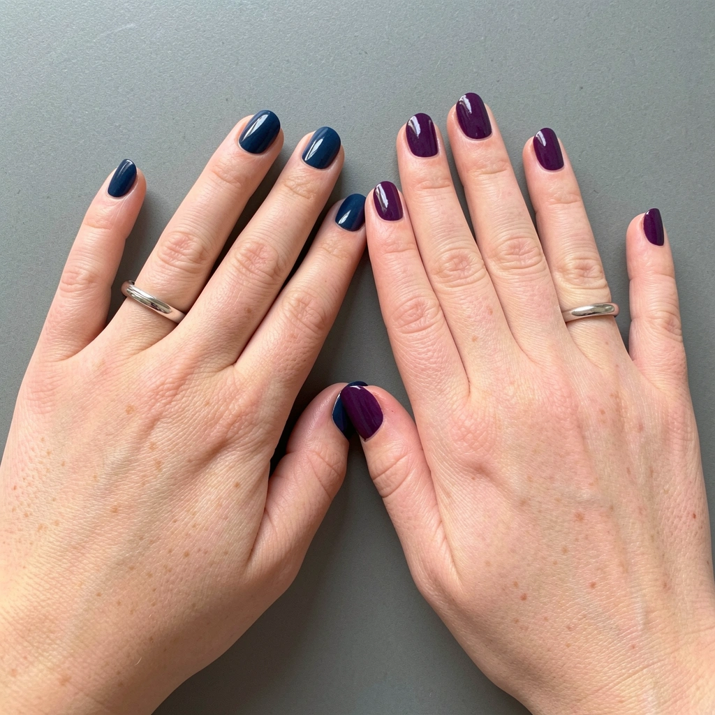 Dois frascos de esmalte, um azul escuro e outro berinjela, lado a lado sobre superfície clara.