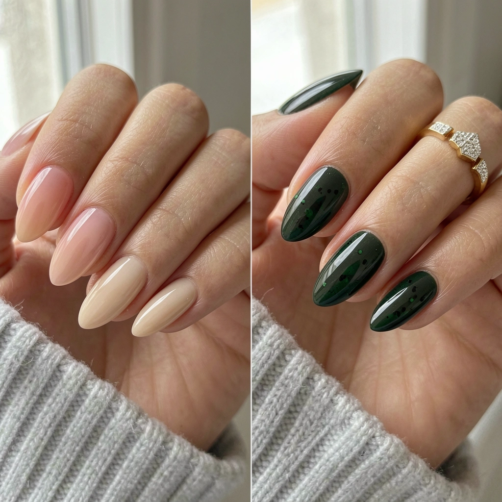 Mãos femininas exibindo unhas com efeito glazed e soap nails lado a lado, fundo neutro.