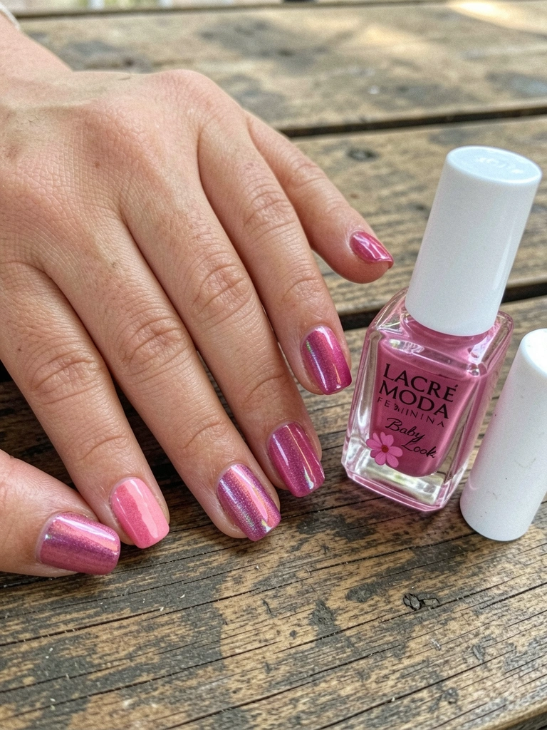 Mãos femininas com unhas pintadas de esmalte glazed, com acabamento brilhante e reflexos prateados.