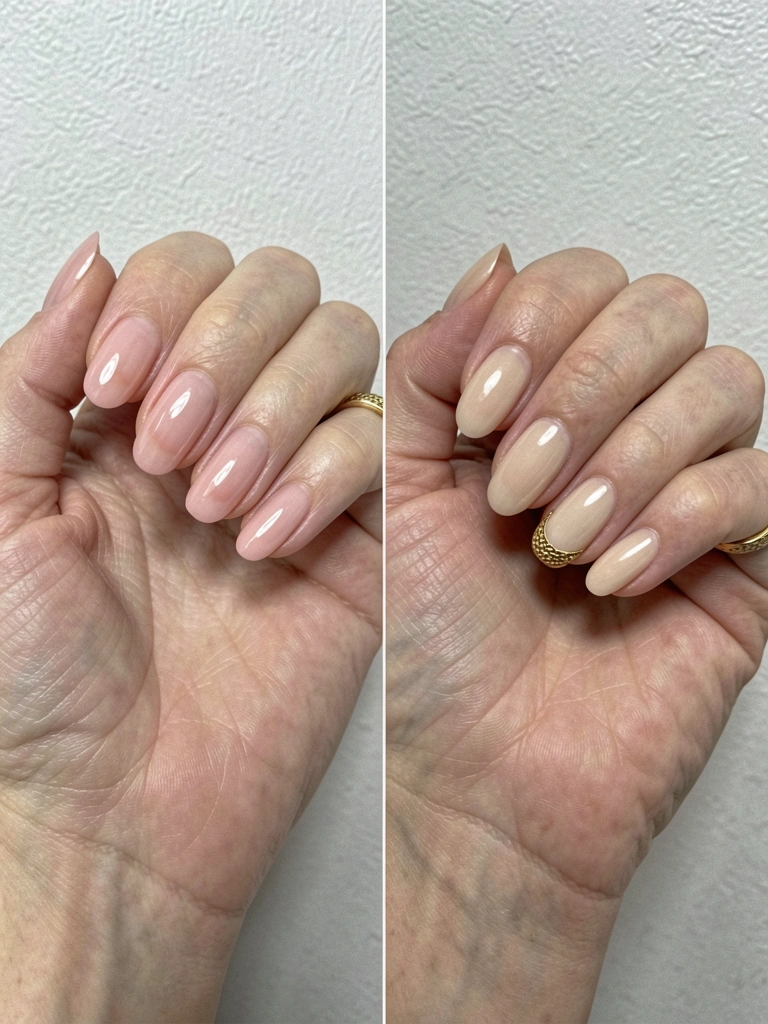 Mãos femininas com unhas soap nails, formato arredondado e esmalte translúcido, fundo neutro.