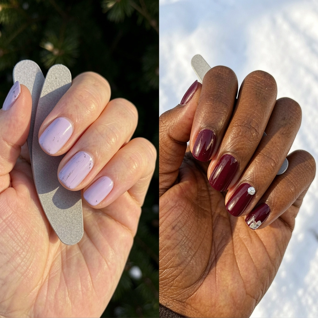 Mãos com diferentes tons de pele exibindo esmaltes coloridos.