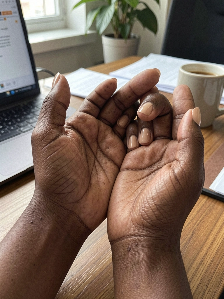 Mãos femininas com unhas curtas pintadas de esmalte nude apoiadas sobre uma mesa de escritório com laptop e caneca.