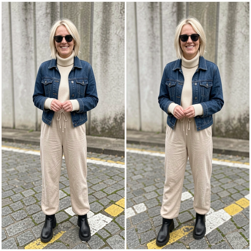 Colagem de looks casuais dos anos 2000 até hoje, incluindo calças largas, tops e tênis.