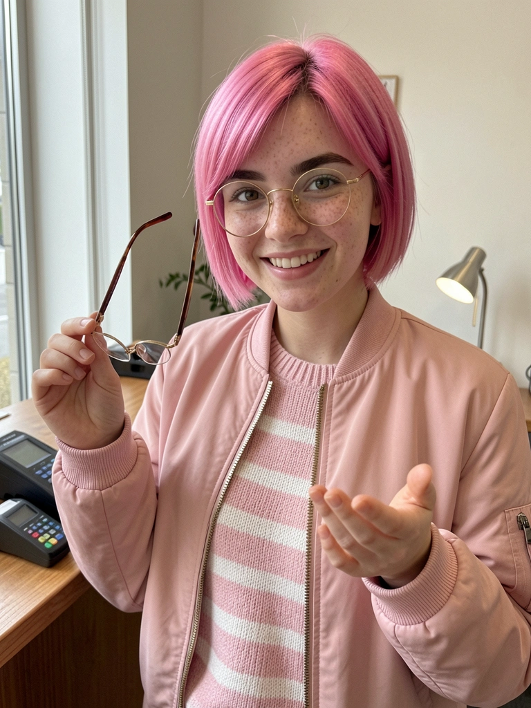 Pessoa segurando uma armação de óculos em uma ótica, com prateleiras de lentes ao fundo.