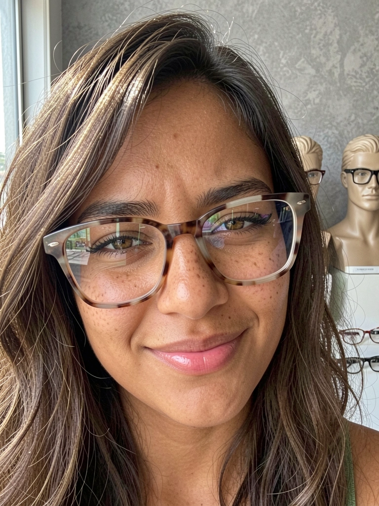 Três manequins em fila usando óculos de grau: feminino, masculino e unissex, em fundo neutro.