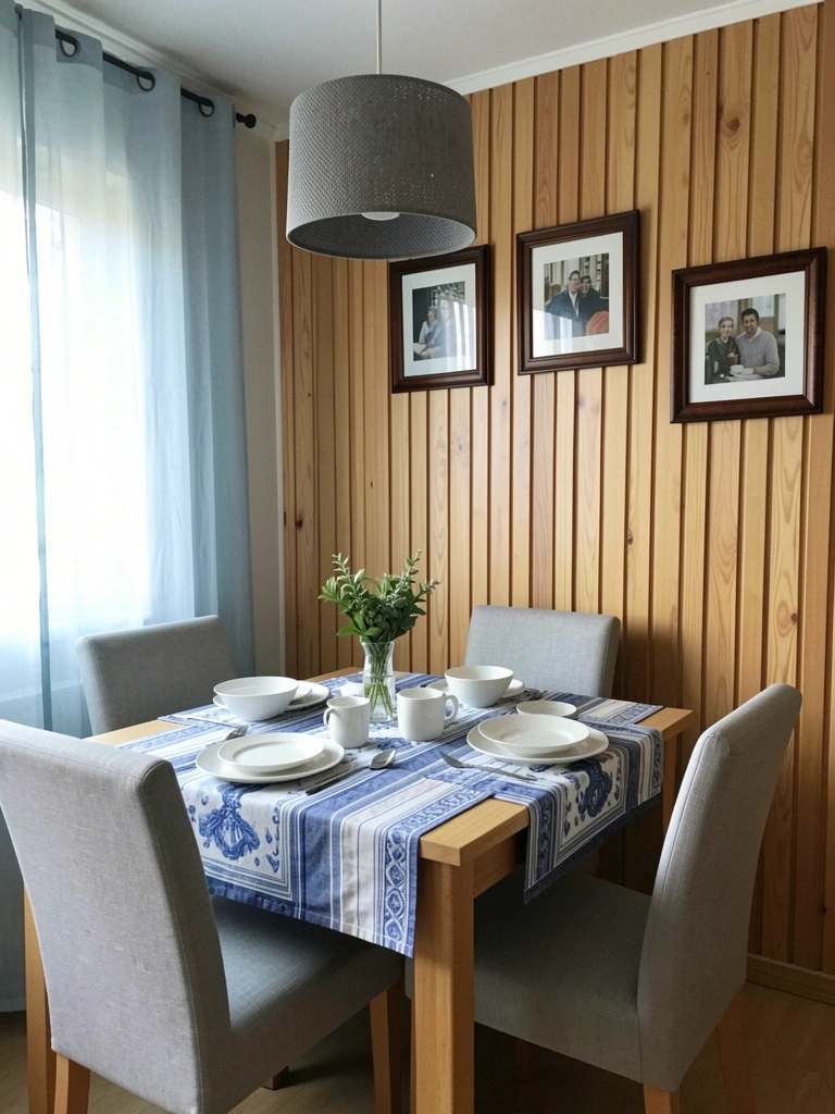 Sala de jantar com parede decorada por painel de madeira, mesa redonda com toalha clara e arranjo central de flores, iluminação suave.