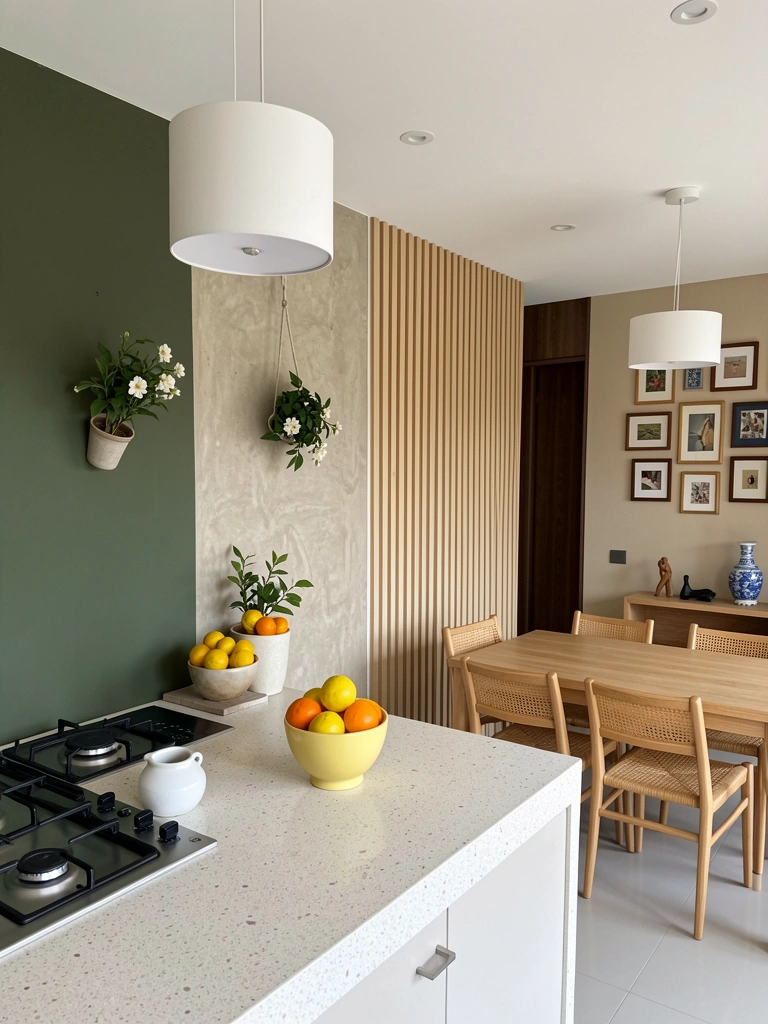 Parede com quadros emoldurados em composição, mesa de jantar ao fundo, luz natural lateral.