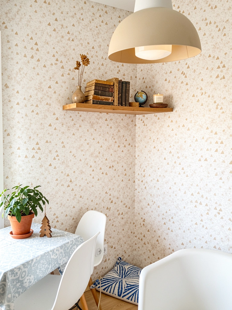 Prateleira de parede com livros, vaso de cerâmica e objetos decorativos em tons neutros.