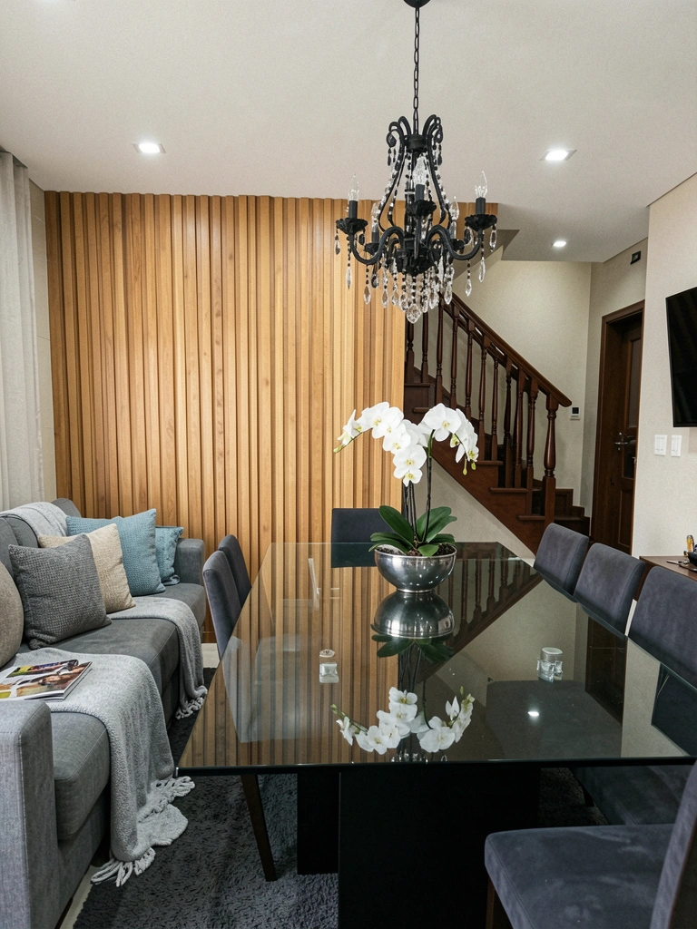 Parede da sala de jantar com painel ripado de madeira clara, mesa redonda e cadeiras ao fundo.