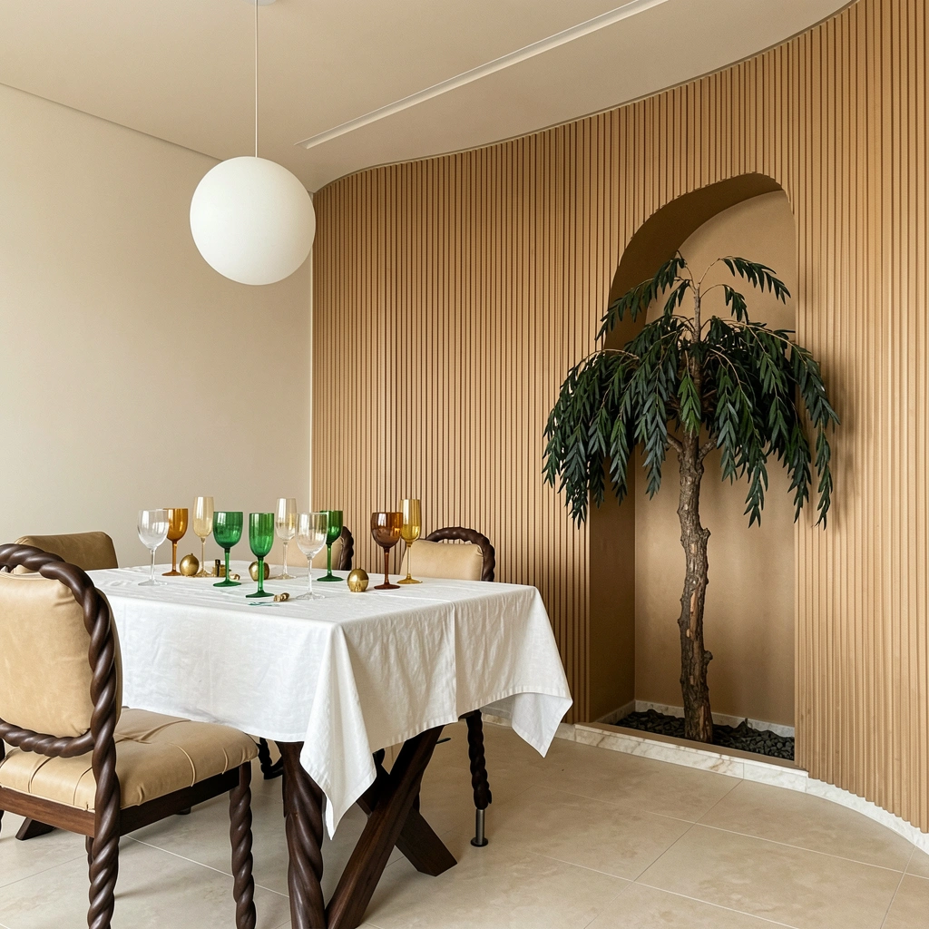 Parede com pintura geométrica em tons de azul e branco, sala de jantar com mesa de madeira e cadeiras estofadas.