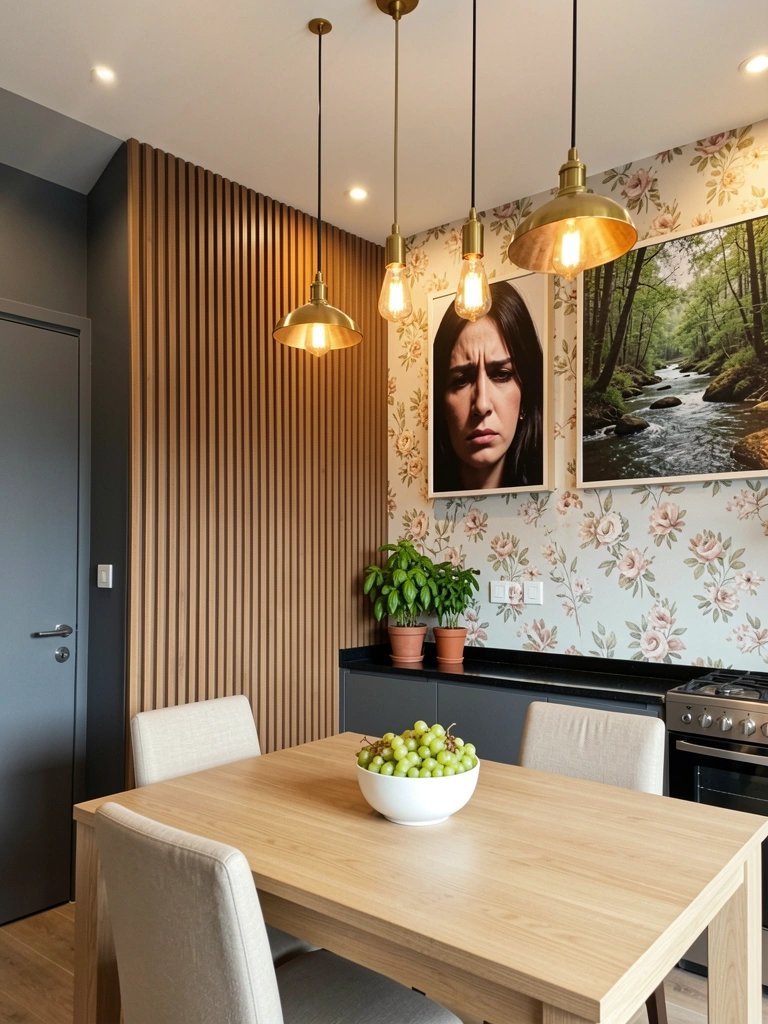 Parede da sala de jantar revestida com papel de parede geométrico em tons de azul e dourado, com mesa de madeira ao centro.