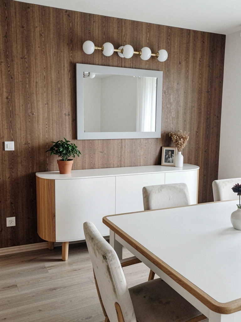 Parede com papel de parede floral ao lado de revestimento texturizado cinza, em ambiente claro.