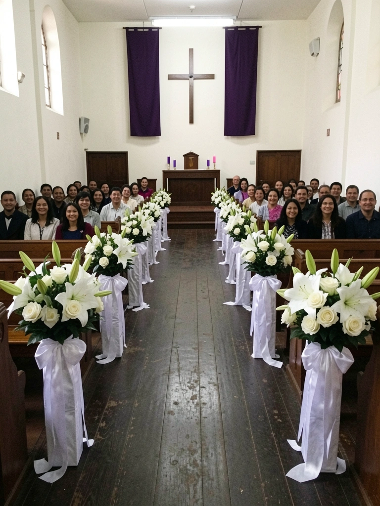 Interior de igreja com decoração em branco e dourado, arranjos florais no altar e bancos de madeira alinhados.