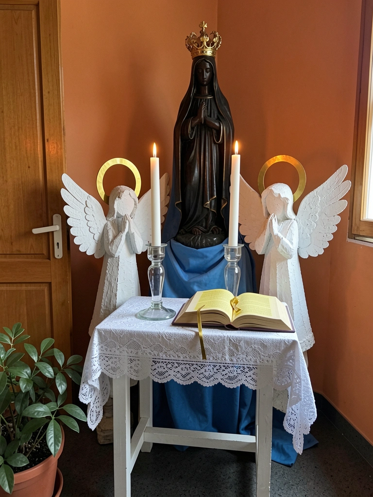 Castiçais de vidro com velas brancas acesas sobre o altar