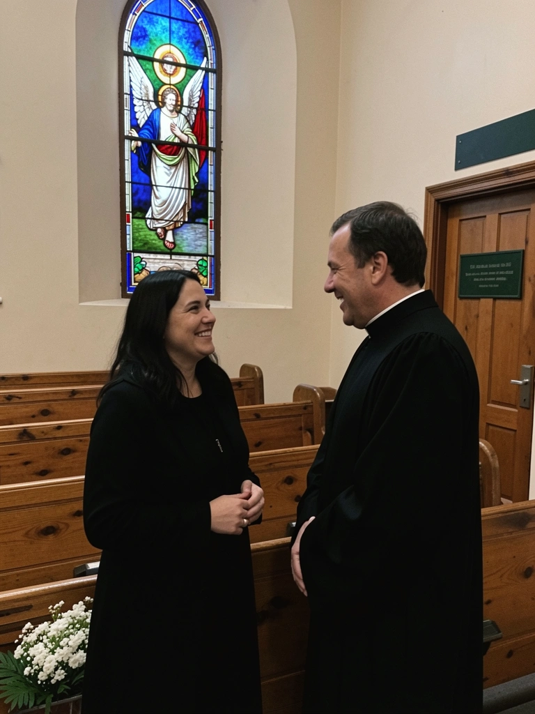 Pessoa conversa com padre dentro de uma igreja, com bancos de madeira ao fundo.