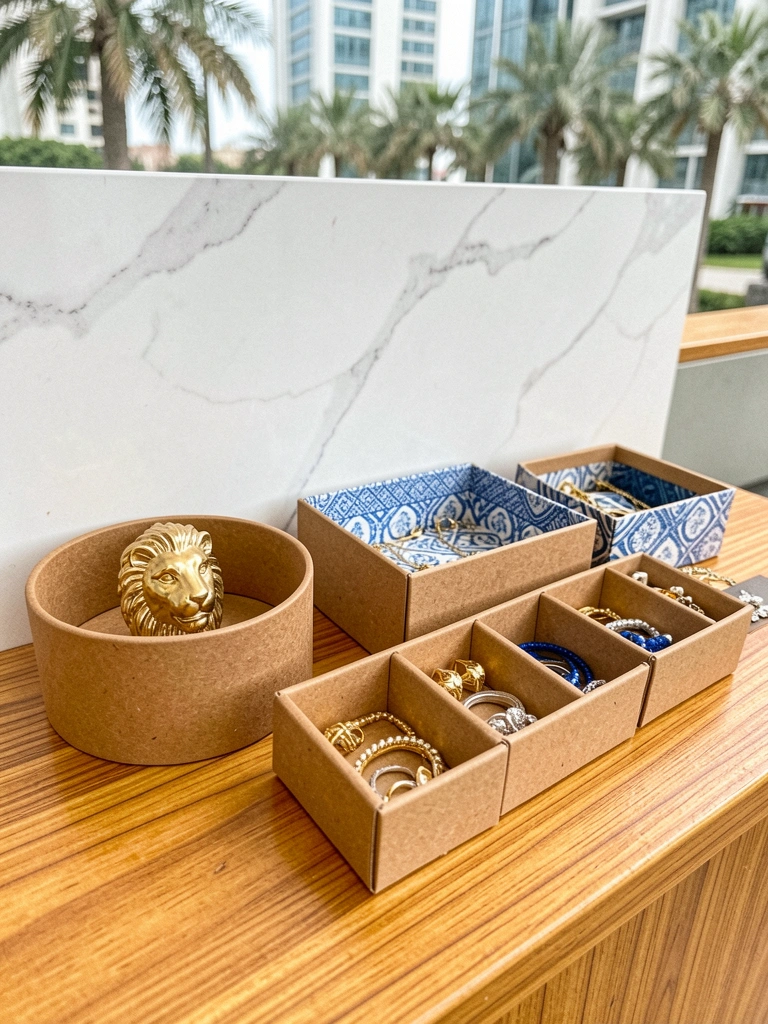Caixas de papelão revestidas com papel estampado, usadas como organizadores de bijuterias sobre uma mesa.