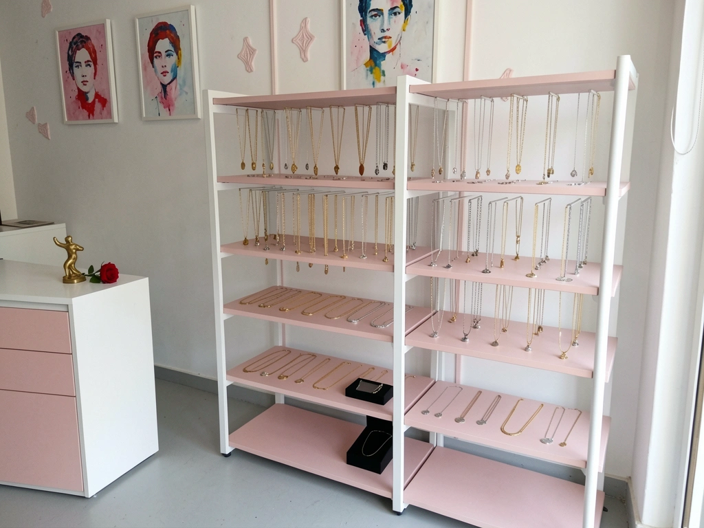 Parede branca com detalhes em rosa claro, bijuterias expostas em suportes.