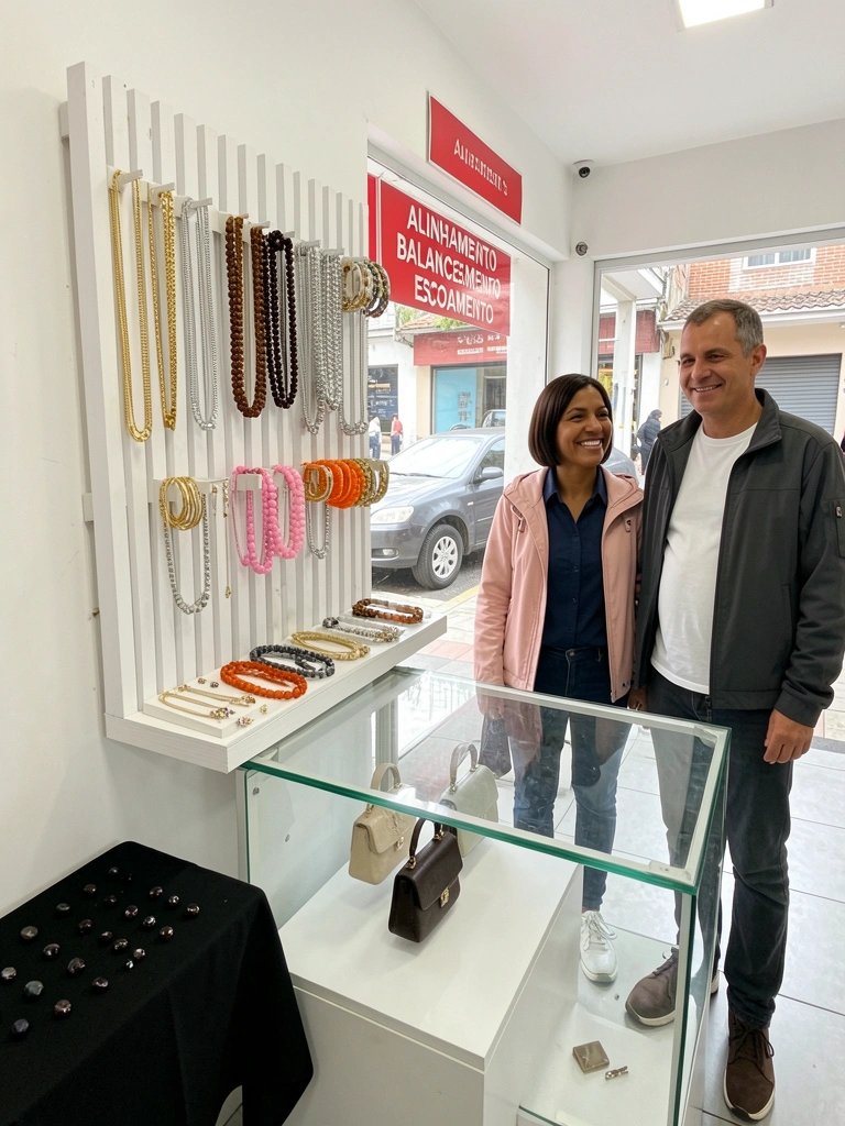 Prateleira flutuante com colares e pulseiras organizados por cor, do claro ao escuro.