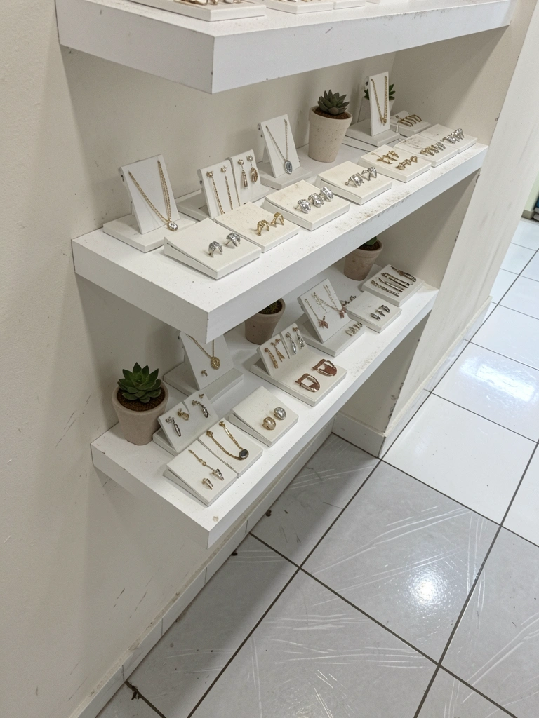 Prateleiras flutuantes brancas com bijuterias e pequenos vasos de plantas.