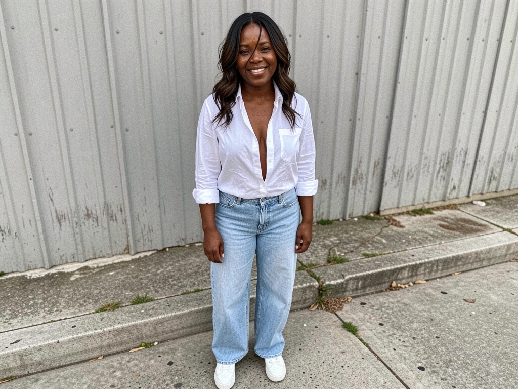 Mulher com camisa branca, calça jeans e tênis branco em pose casual.